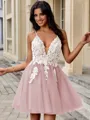 A-line V-neck Appliques Lace Short/Mini Tulle Homecoming Dress
