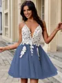 A-line V-neck Appliques Lace Short/Mini Tulle Homecoming Dress