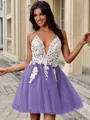 A-line V-neck Appliques Lace Short/Mini Tulle Homecoming Dress