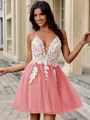 A-line V-neck Appliques Lace Short/Mini Tulle Homecoming Dress