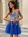 A-line V-neck Appliques Lace Short/Mini Tulle Corset Homecoming Dress