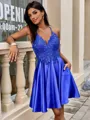 A-line V-neck Appliques Lace Short/Mini Silk Like Satin Homecoming Dress