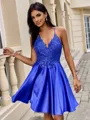 A-line V-neck Appliques Lace Short/Mini Silk Like Satin Homecoming Dress