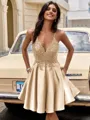 A-line V-neck Appliques Lace Short/Mini Silk Like Satin Homecoming Dress