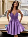 A-line V-neck Appliques Lace Short/Mini Silk Like Satin Homecoming Dress