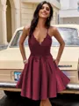 A-line V-neck Appliques Lace Short/Mini Silk Like Satin Homecoming Dress