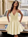 A-line V-neck Appliques Lace Short/Mini Silk Like Satin Homecoming Dress