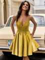 A-line V-neck Appliques Lace Short/Mini Silk Like Satin Homecoming Dress