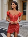 Sheath Off-the-Shoulder Appliques Lace Short/Mini Sequins Corset Homecoming Dress