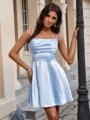 A-line Spaghetti Straps Pleated Short/Mini Silk Like Satin Homecoming Dress