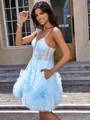 A-line Spaghetti Straps Flower Short/Mini Tulle Corset Homecoming Dress