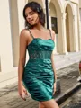 Sheath Spaghetti Straps Appliques Lace Short/Mini Silk Like Satin Corset Homecoming Dress