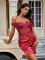 Sheath Off-the-Shoulder Appliques Lace Short/Mini Silk Like Satin Corset Homecoming Dress