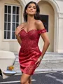 Sheath Off-the-Shoulder Appliques Lace Short/Mini Silk Like Satin Corset Homecoming Dress