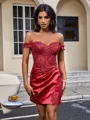 Sheath Off-the-Shoulder Appliques Lace Short/Mini Silk Like Satin Corset Homecoming Dress