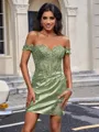 Sheath Off-the-Shoulder Appliques Lace Short/Mini Silk Like Satin Corset Homecoming Dress