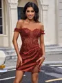 Sheath Off-the-Shoulder Appliques Lace Short/Mini Silk Like Satin Corset Homecoming Dress