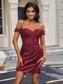 Sheath Off-the-Shoulder Appliques Lace Short/Mini Silk Like Satin Corset Homecoming Dress