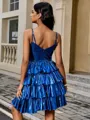 A-line V-neck Cascading Ruffles Short/Mini Metallic Satin Homecoming Dress