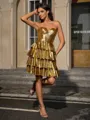 A-line Sweetheart Cascading Ruffles Short/Mini Metallic Satin Homecoming Dress