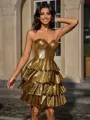 A-line Sweetheart Cascading Ruffles Short/Mini Metallic Satin Homecoming Dress