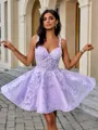 A-line V-neck Appliques Lace Short/Mini Tulle Corset Homecoming Dress