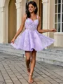 A-line V-neck Appliques Lace Short/Mini Tulle Corset Homecoming Dress