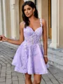 A-line V-neck Appliques Lace Short/Mini Tulle Corset Homecoming Dress