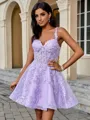 A-line V-neck Appliques Lace Short/Mini Tulle Corset Homecoming Dress