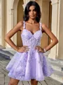 A-line V-neck Appliques Lace Short/Mini Tulle Corset Homecoming Dress