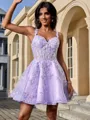 A-line V-neck Appliques Lace Short/Mini Tulle Corset Homecoming Dress