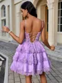 A-line Spaghetti Straps Appliques Lace Short/Mini Lace Corset Homecoming Dress