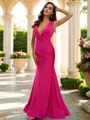 Trumpet/Mermaid Jersey Ruched V-neck Sleeveless Sweep Train Bridesmaid Dresses