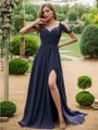 A-Line/Princess Chiffon Ruched V-neck Sleeveless Sweep Train Bridesmaid Dresses