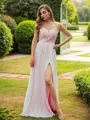 A-Line/Princess Chiffon Applique Scoop Short Sleeves Floor-Length Bridesmaid Dresses