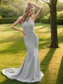 Sheath/Column Stretch Crepe Lace Halter Sleeveless Sweep Train Bridesmaid Dresses