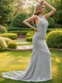 Sheath/Column Stretch Crepe Lace Halter Sleeveless Sweep Train Bridesmaid Dresses
