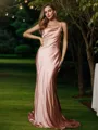 Sheath/Column Charmeuse Ruched Spaghetti Straps Sleeveless Sweep Train Bridesmaid Dresses