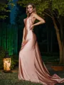 Sheath/Column Charmeuse Ruched Spaghetti Straps Sleeveless Sweep Train Bridesmaid Dresses