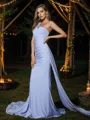 Sheath/Column Jersey Ruched One-Shoulder Sleeveless Sweep Train Bridesmaid Dresses
