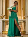 Sheath/Column Silk Like Satin Ruched Sweetheart Sleeveless Sweep Train Bridesmaid Dresses