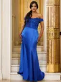 Sheath/Column Silk like Satin Applique Off-the-Shoulder Sleeveless Sweep Train Bridesmaid Dresses