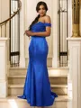 Sheath/Column Silk like Satin Applique Off-the-Shoulder Sleeveless Sweep Train Bridesmaid Dresses