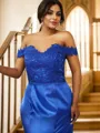 Sheath/Column Silk like Satin Applique Off-the-Shoulder Sleeveless Sweep Train Bridesmaid Dresses