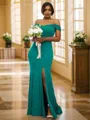 Sheath/Column Jersey Ruffles Off-the-Shoulder Sleeveless Sweep Train Bridesmaid Dresses