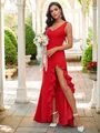 Sheath/Column Stretch Crepe Ruffles One-Shoulder Sleeveless Sweep Train Bridesmaid Dresses