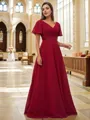 A-Line/Princess Chiffon Ruched V-neck Short Sleeves Sweep Train Bridesmaid Dresses