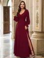 A-Line/Princess Chiffon Bowknot V-neck Long Sleeves Floor-Length Bridesmaid Dresses