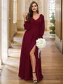 A-Line/Princess Chiffon Bowknot V-neck Long Sleeves Floor-Length Bridesmaid Dresses
