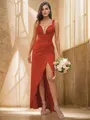 Sheath/Column Charmeuse Ruched V-neck Sleeveless Floor-Length Bridesmaid Dresses
